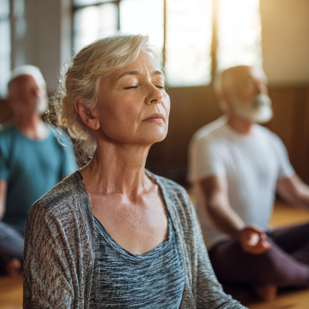 Polish adults of various ages enjoying a peaceful group yoga session outdoors, showing relaxation and contentment in natural surroundings