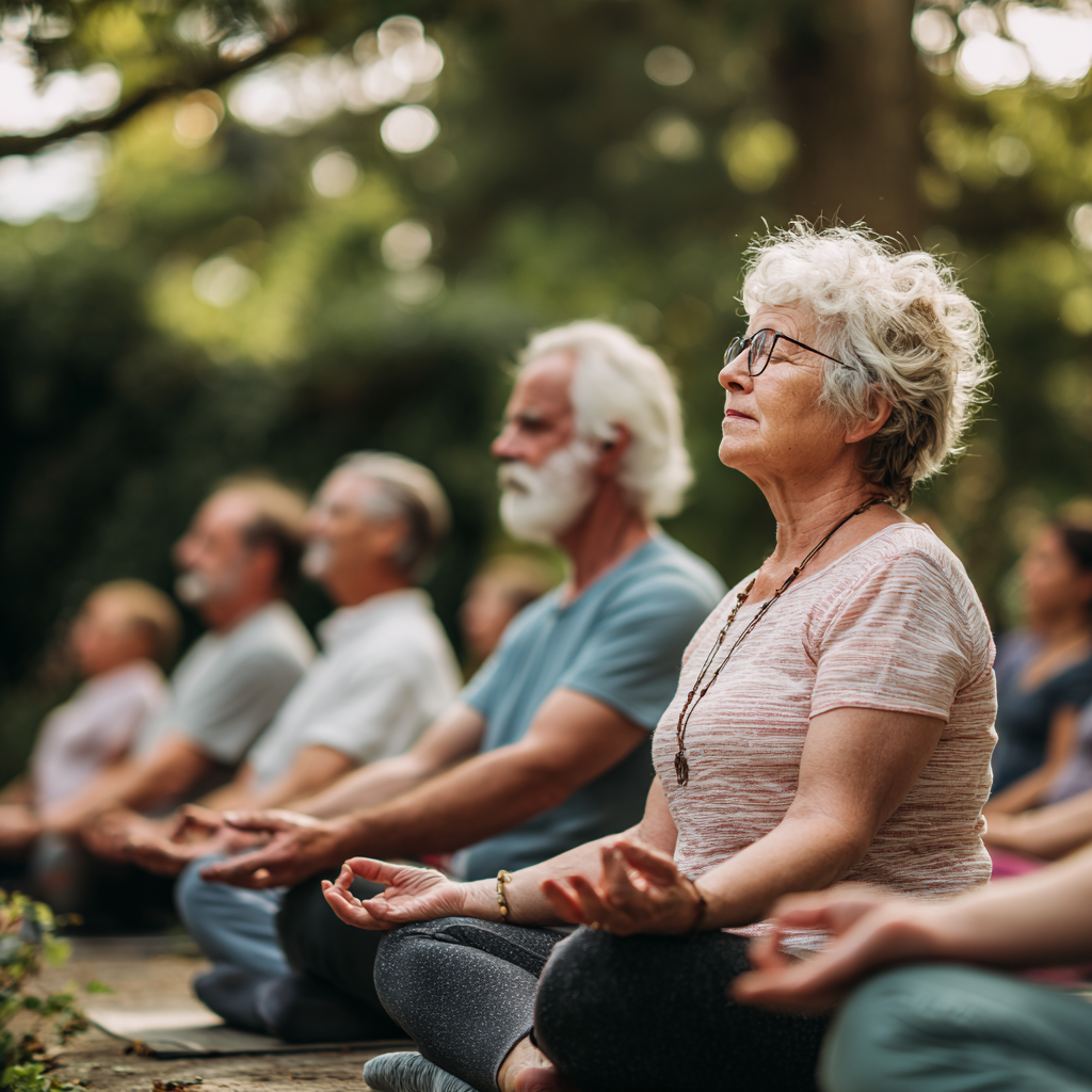 Mature Polish adults practicing yoga poses that demonstrate strength and flexibility, with genuine expressions of focus and well-being